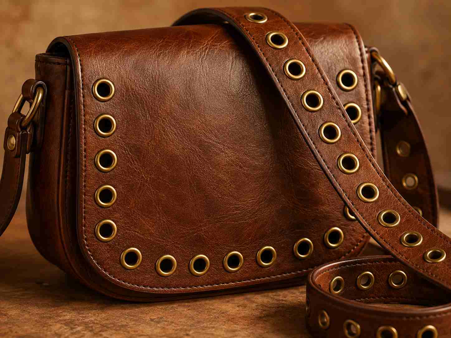 handbag eyelets, Brass handbag eyelets are arranged around the flap and along the shoulder strap of a brown leather bag.